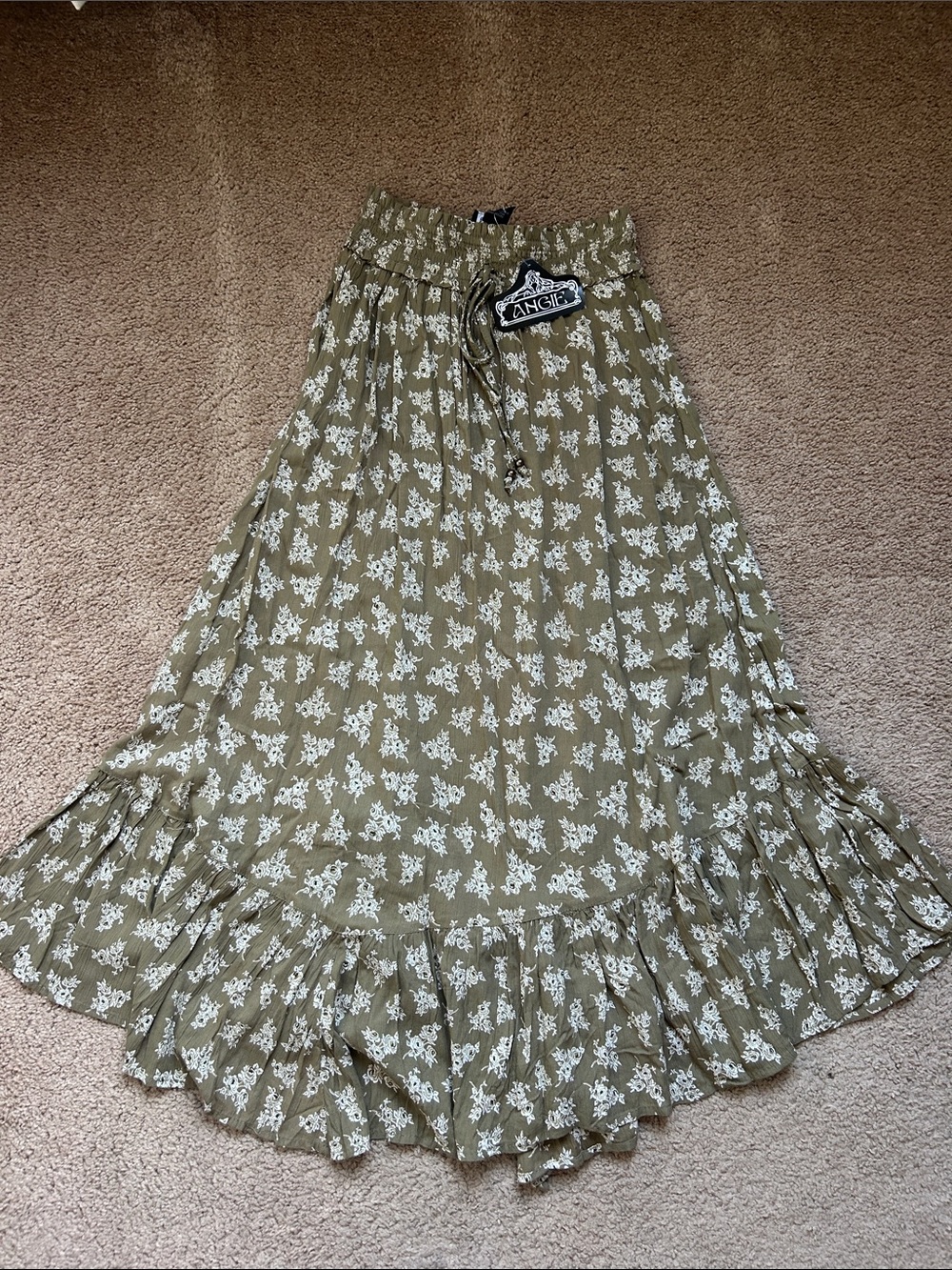 Angie Olive Green Floral Ruffle Hem Maxi Skirt
